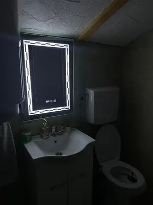 a bathroom with a toilet and a sink and a window at Yugoslavija Lux 3 in Aleksandrovac