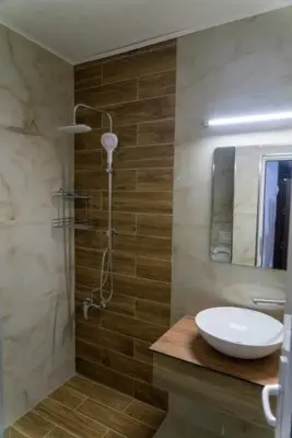 a bathroom with a shower with a sink and a sink at Bici Resort in Samoljica