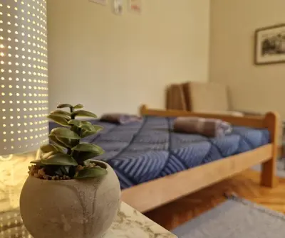 a bedroom with a bed and a potted plant on a table at Apartmani Central Vrnjačka Banja Šetalište in Vrnjačka Banja