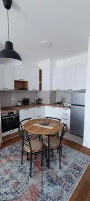 a kitchen with a table and chairs in a kitchen at Planet-A1012 in Niš