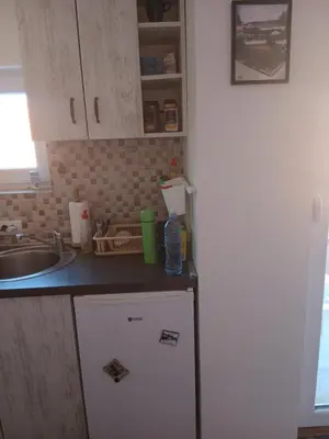 a kitchen with a white refrigerator and a sink at Bufan apartman in Soko Banja