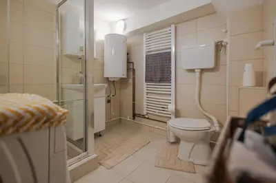 a small bathroom with a toilet and a shower at Apartman Pepa in Pirot