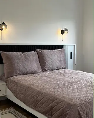 a bed in a bedroom with two lights above it at Slatina Točak in Vrnjačka Banja