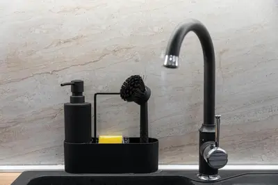 a kitchen sink with a faucet and a brush at Duma Apartmani 2 Vrnjačka Banja in Vrnjačka Banja
