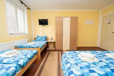 a room with three beds and a television in it at Sobe Joksimović in Vrnjačka Banja