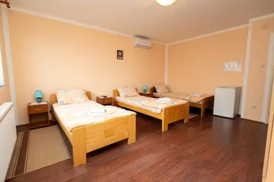 a room with three beds and a refrigerator at Sobe Joksimović in Vrnjačka Banja