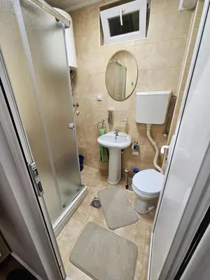 a bathroom with a shower and a toilet and a sink at Apartman Tara in Soko Banja