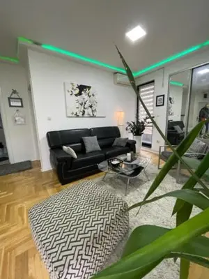 a living room with a black couch and a rug at LUCHIANO apartments in Niš