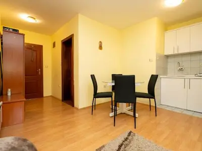 a room with a table and chairs and a kitchen at Apartmani Votor in Vrnjačka Banja