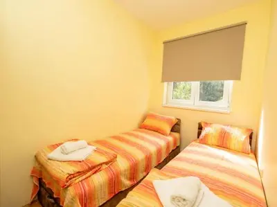 a room with two beds and a window at Apartmani Votor in Vrnjačka Banja