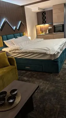 a bedroom with a bed and a couch and a table at SkyNest 605 Apartment in Kopaonik