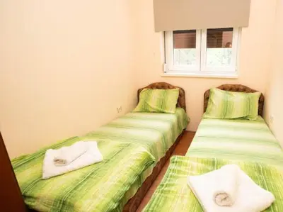 two beds in a room with green sheets and a window at Apartmani Votor in Vrnjačka Banja