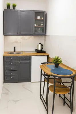 a kitchen with black cabinets and a table with a plant at Garden Lux Grujić Apartmani in Krivi Vir
