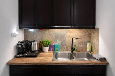 a kitchen counter top with a sink and a counter top at Garden Lux Grujić Apartmani in Krivi Vir