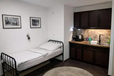 a small room with a bed and a kitchen at Garden Lux Grujić Apartmani in Krivi Vir