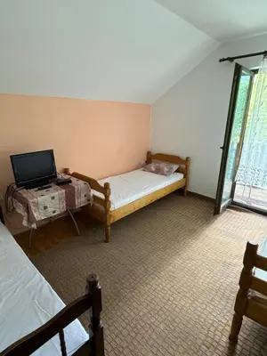 a room with two beds and a tv in it at Apartmani Rada in Prolomska Banja