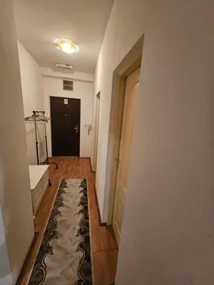 a hallway with a door and a rug at Apartman K&M in Vranje