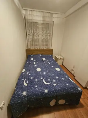 a bedroom with a bed with a blue comforter at Apartman K&M in Vranje