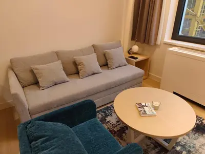 a living room with a couch and a table at ZEPTERME Promenada - Šetalište in Vrnjačka Banja