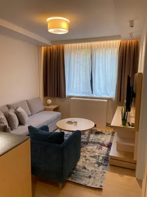 a living room with a couch and a table at ZEPTERME Promenada - Šetalište in Vrnjačka Banja