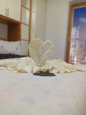 a white towel with a heart on a bed at Apartmani Milica in Kraljevo