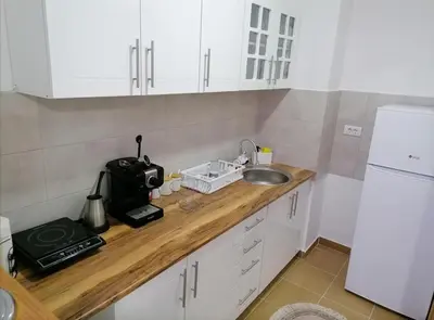 a kitchen counter with a sink and a microwave at Secret Spa Nis in Niš