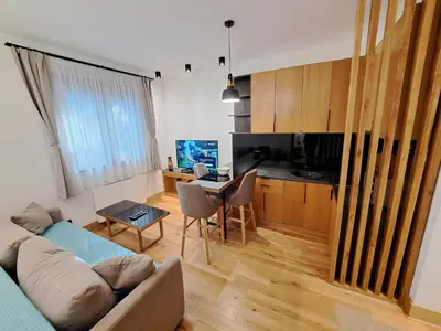 a living room with a couch and a table and a kitchen at Casa di legno apartman 3,6,9 in Kopaonik