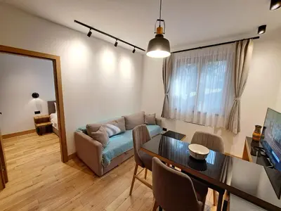 a living room with a couch and a table at Casa di legno apartman 3,6,9 in Kopaonik
