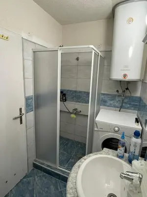 a bathroom with a shower and a sink and a washing machine at Apartman Janković in Paraćin
