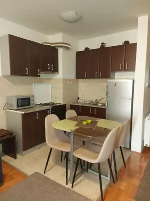 a kitchen with a table and chairs and a refrigerator at Katarina in Niš