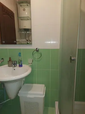a bathroom with a sink and a toilet and a mirror at Katarina in Niš