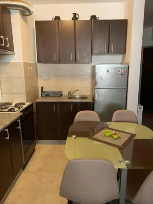 a kitchen with a table and chairs and a refrigerator at Katarina in Niš