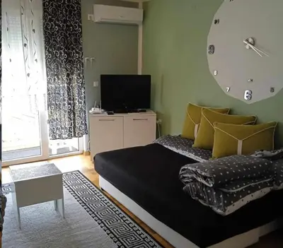 a bedroom with a bed and a flat screen tv at Leon Apartman in Vrnjačka Banja