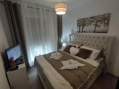 a bedroom with a large bed and a television at Apartman Jeca in Vrnjačka Banja