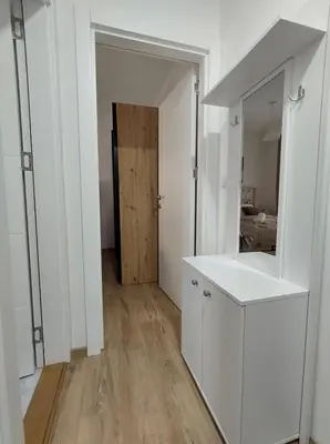 a bathroom with a white vanity and a mirror at Apartman Jeca in Vrnjačka Banja