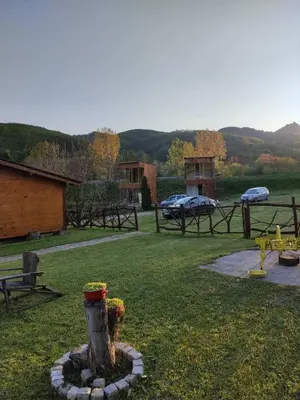 a fire hydrant with flowers in the middle of a yard at Milosev Konak