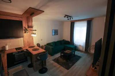 a living room with a green couch and a table at Zeus Apartman in Jagodina
