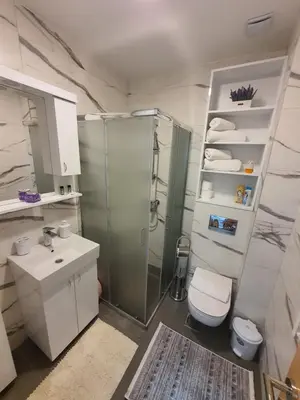 a bathroom with a shower and a toilet and a sink at Family Lux Raj in Vrnjačka Banja
