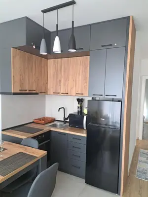 a kitchen with a black refrigerator and wooden cabinets at Rajsko sunce in Vrnjačka Banja