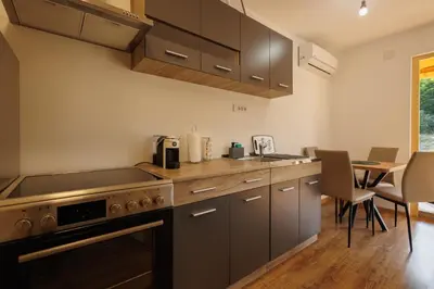a kitchen with brown cabinets and a table with chairs at Brvnara Dadi