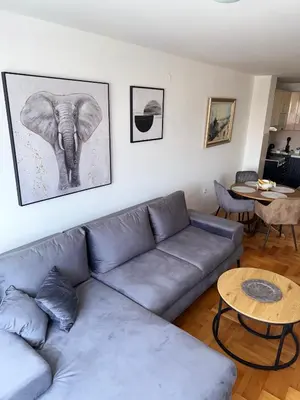a living room with a couch and an elephant on the wall at DarViva Apartment Niš, center, private garage parking, river view in Niš