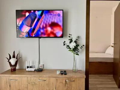 a living room with a tv on the wall at Kalamata apartman, K Kompleks Jagodina in Trnava