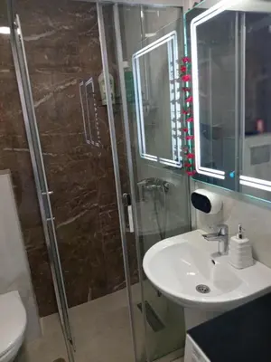 a bathroom with a sink and a glass shower at Apartmani Slatinska Oaza in Vrnjačka Banja