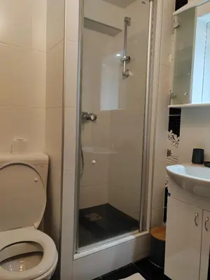 a bathroom with a shower with a toilet and a sink at Kopaonik centar - Konaci, lux apartment ANDREA in Kopaonik