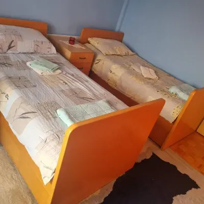 two twin beds in a room with ainylinylinylinylinylinylinylinyl at Apartman Mina in Vrnjačka Banja