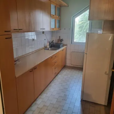 a kitchen with wooden cabinets and a sink and a refrigerator at Apartman Mina in Vrnjačka Banja