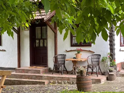 a table and chairs in front of a house at Etno kuća Danica in Senje