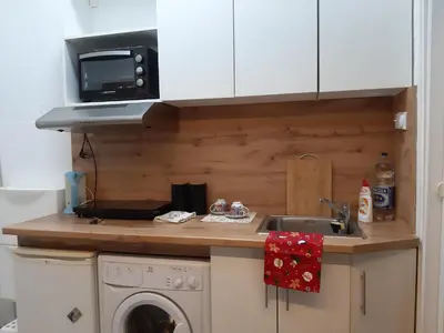 a kitchen with a microwave and a washing machine at Ilić Sokobanja in Soko Banja