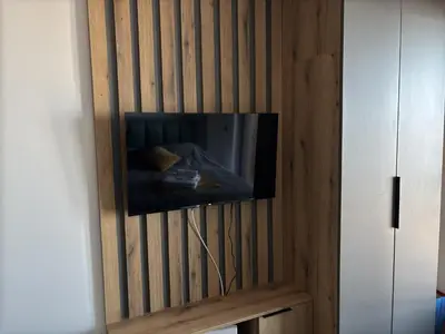 a wall with a tv in a wooden wall at Squirrel Viewpoint Apartment Residence Hill B124 in Kopaonik