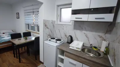 a kitchen with a sink and a counter top at TNT accommodation in Niš